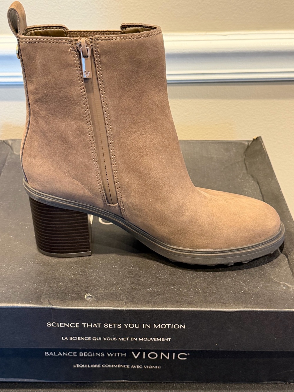 Vionic Taupe Suede Block Heel Ankle Booties
